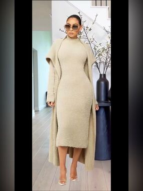 KOSMIOS 2pc SET Fuzzy Soft High Neck Midi Bodycon Dress + Long Duster Cardigan S